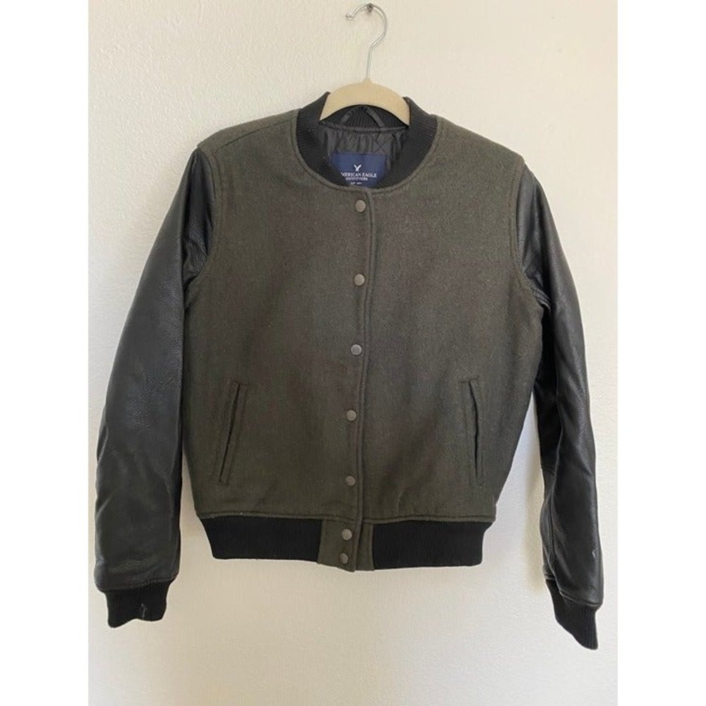 American Eagle Outfitters Men's Green/Black Wool mix Varsity Bomber Jacket Small